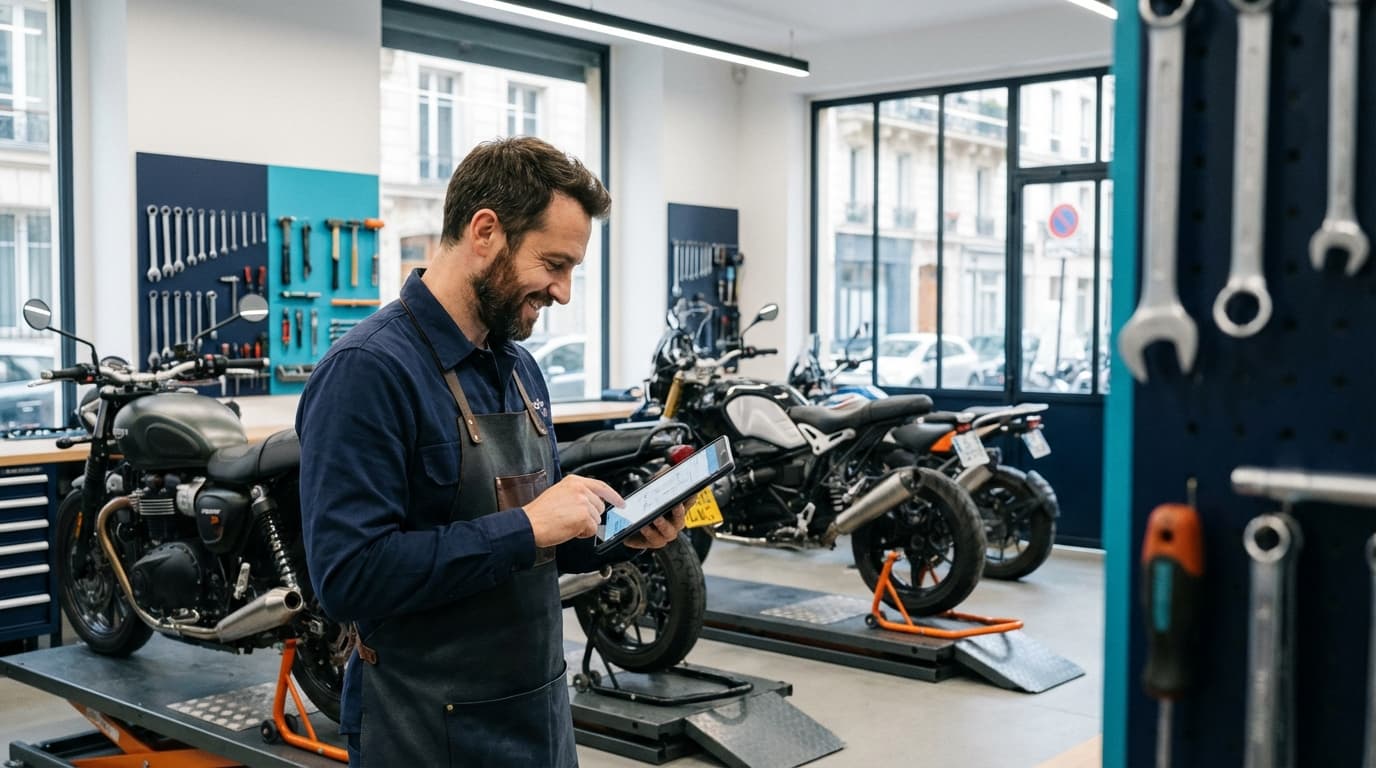 Garagiste utilisant une tablette dans son atelier
