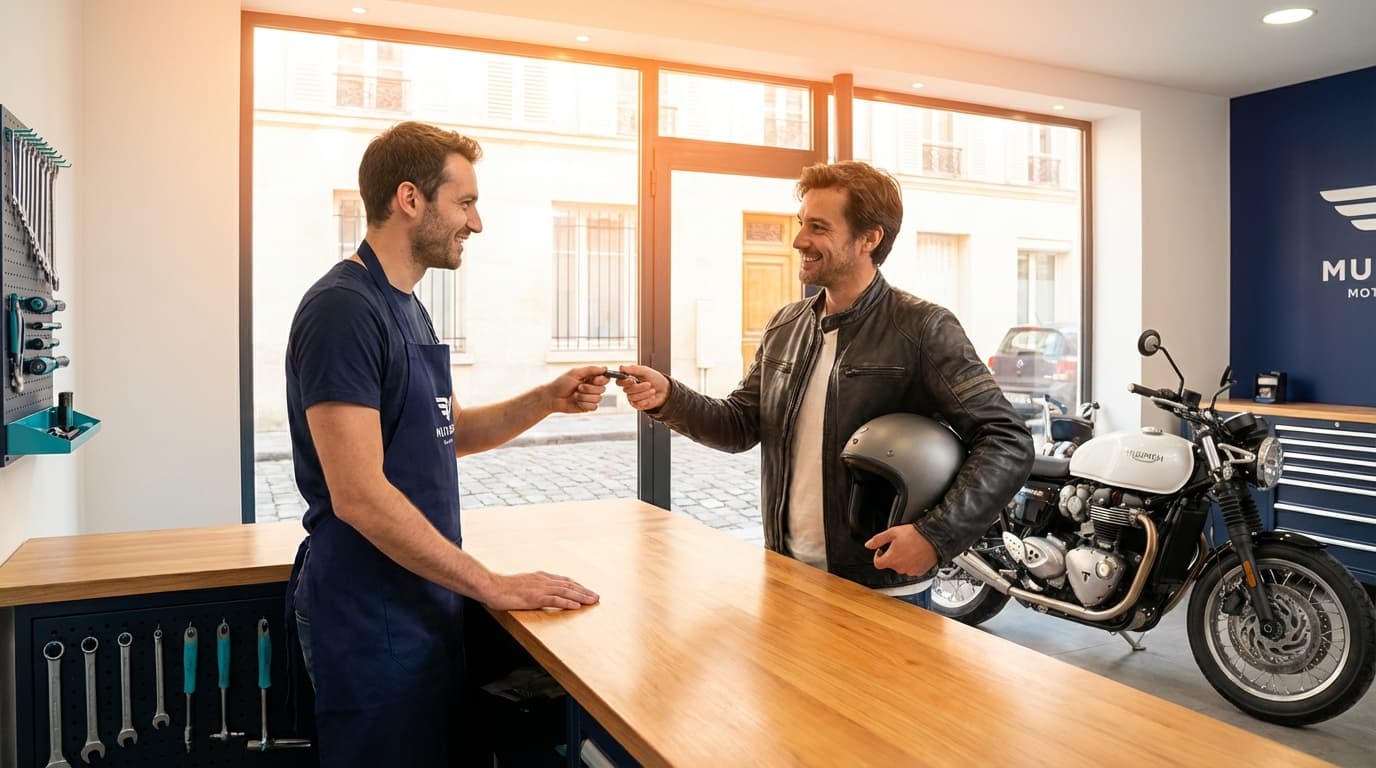 Rider échangeant avec un professionnel dans un atelier moto